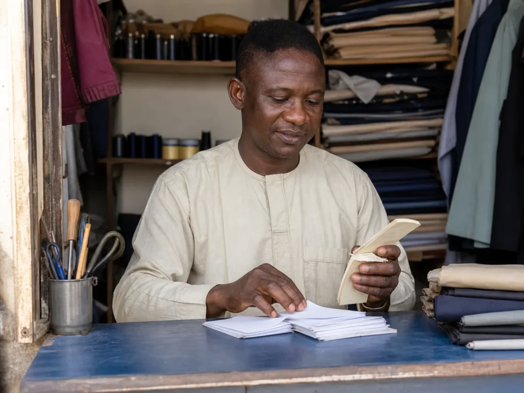 A business owner organising stock notes and receipts.