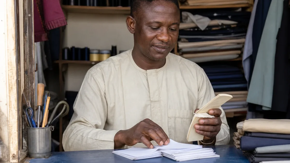 A business owner organising stock notes and receipts.