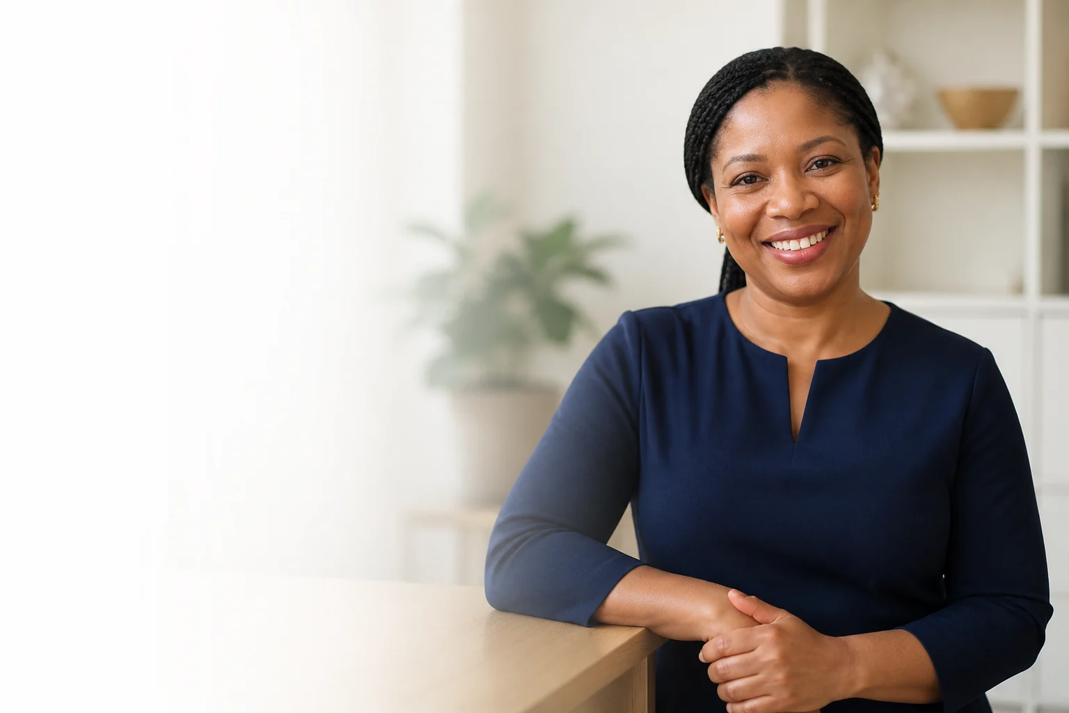 A smiling woman in a calm, softly focused interior