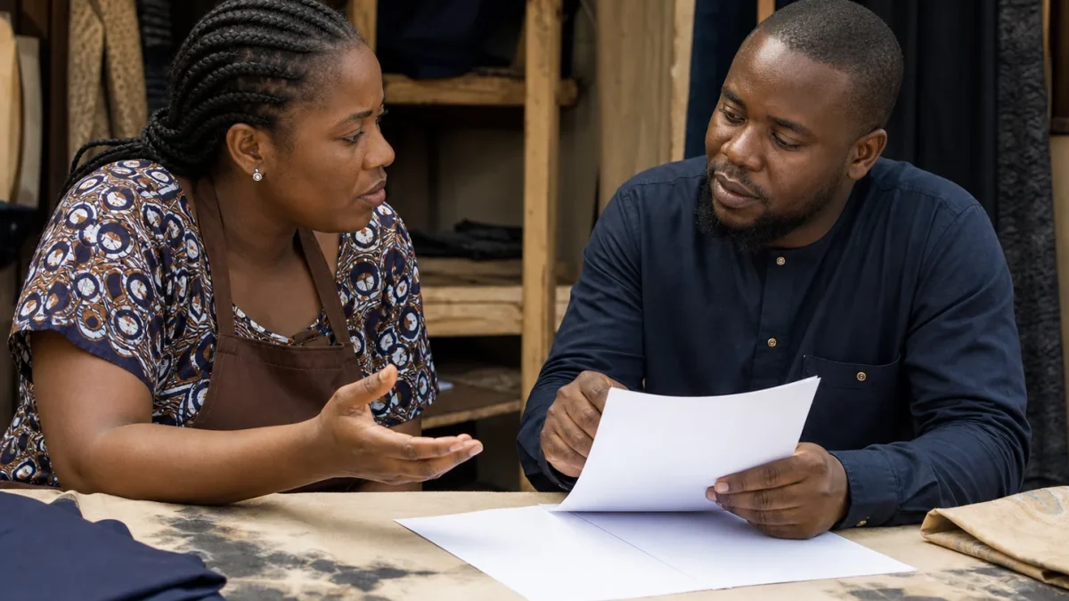 An entrepreneur asking questions while reviewing documents.