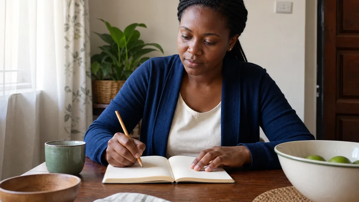 An adult planning household expenses in a notebook.