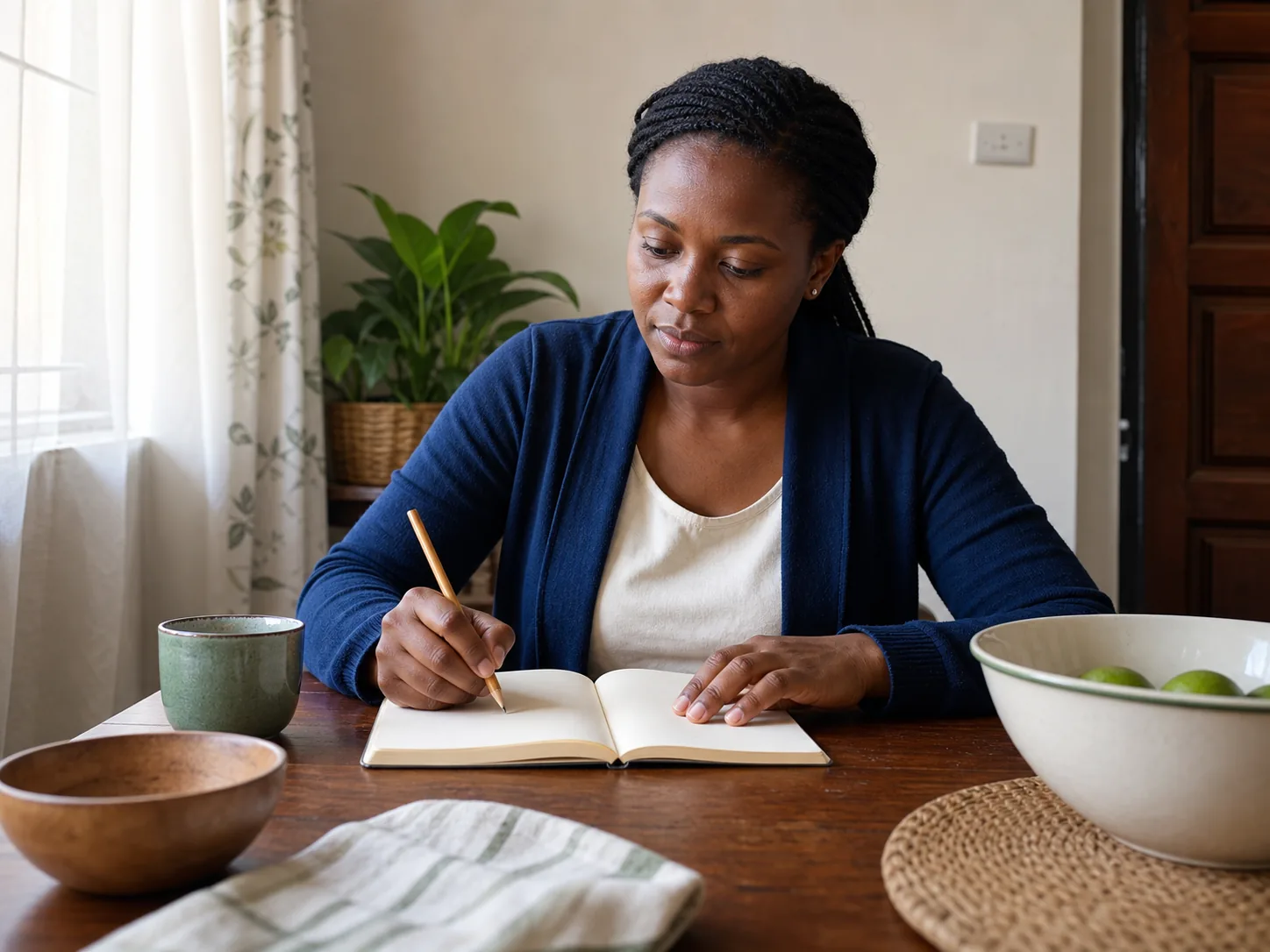 An adult planning household expenses in a notebook